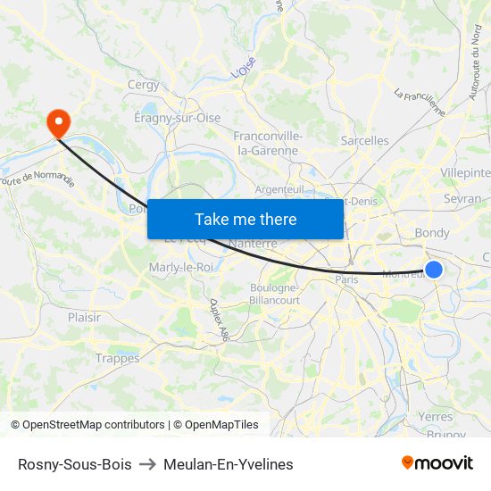 Rosny-Sous-Bois to Meulan-En-Yvelines map