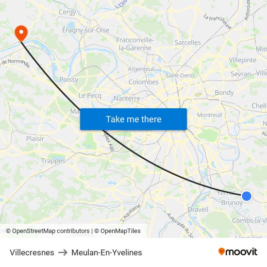 Villecresnes to Meulan-En-Yvelines map