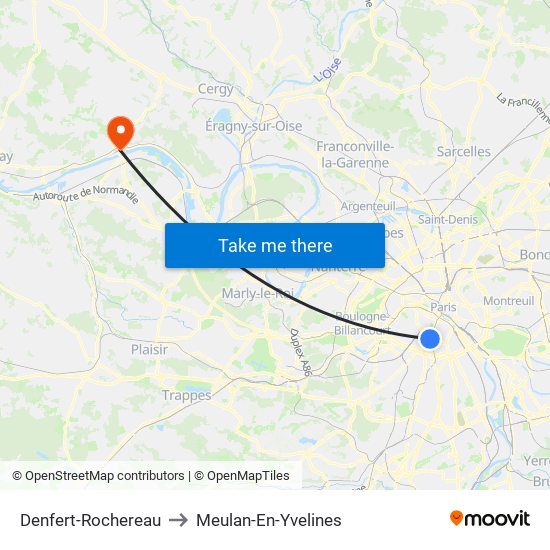 Denfert-Rochereau to Meulan-En-Yvelines map