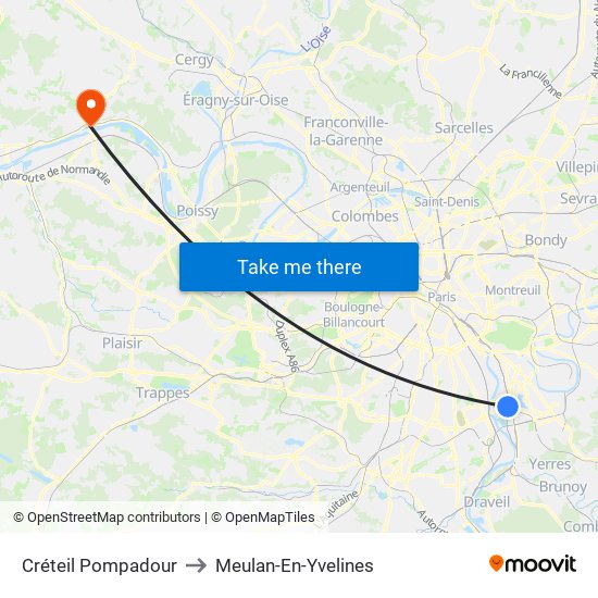 Créteil Pompadour to Meulan-En-Yvelines map