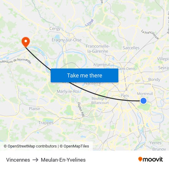 Vincennes to Meulan-En-Yvelines map