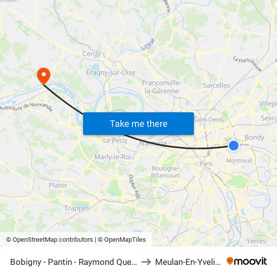 Bobigny - Pantin - Raymond Queneau to Meulan-En-Yvelines map