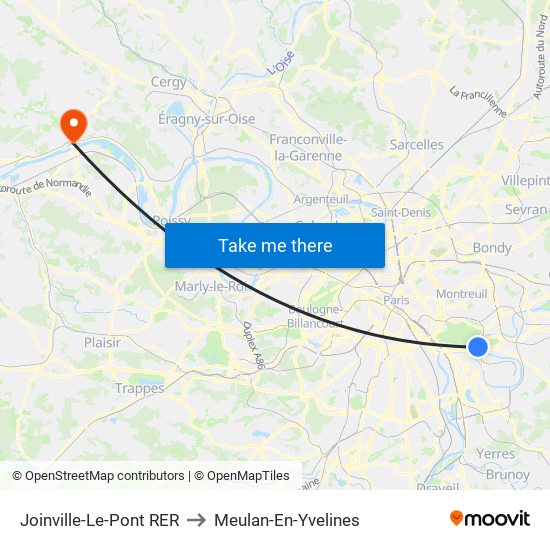Joinville-Le-Pont RER to Meulan-En-Yvelines map