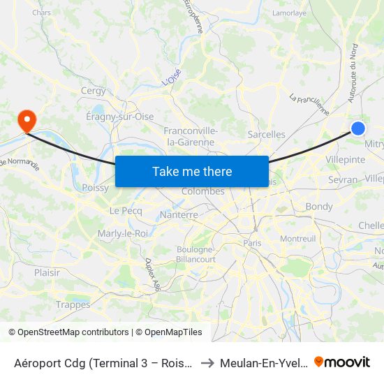 Aéroport Cdg (Terminal 3 – Roissypôle) to Meulan-En-Yvelines map