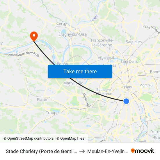 Stade Charléty (Porte de Gentilly) to Meulan-En-Yvelines map
