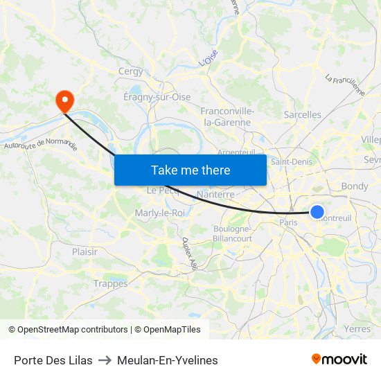 Porte Des Lilas to Meulan-En-Yvelines map