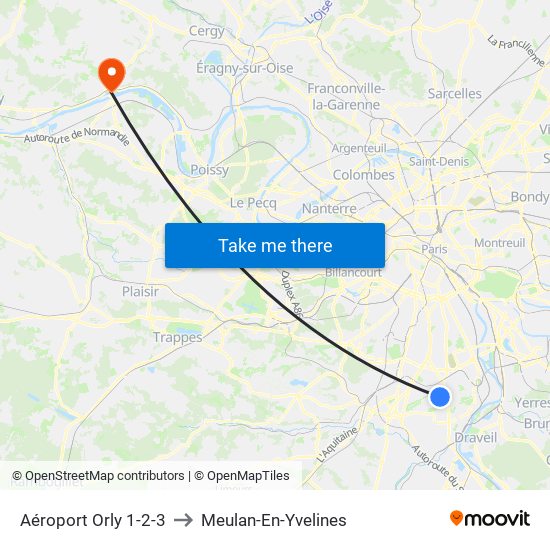Aéroport Orly 1-2-3 to Meulan-En-Yvelines map