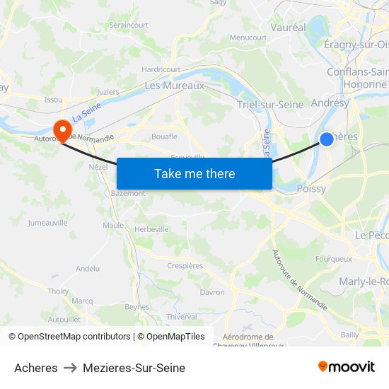 Acheres to Mezieres-Sur-Seine map
