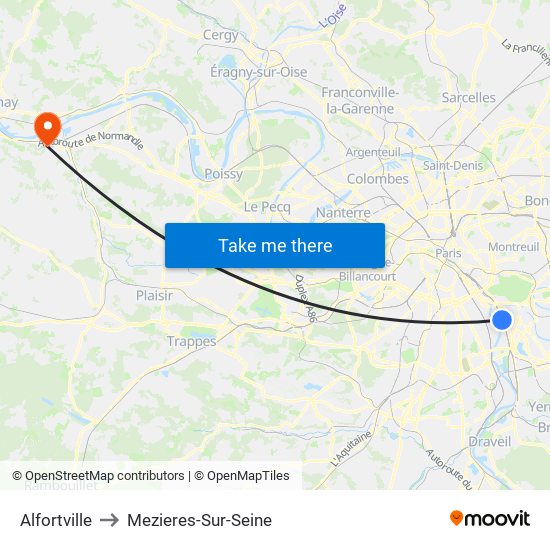 Alfortville to Mezieres-Sur-Seine map