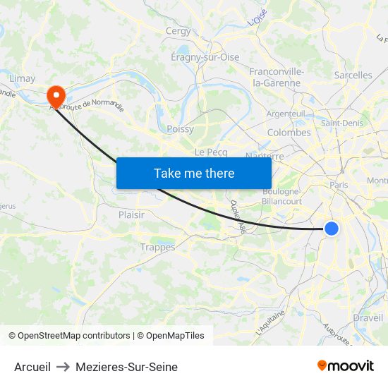 Arcueil to Mezieres-Sur-Seine map