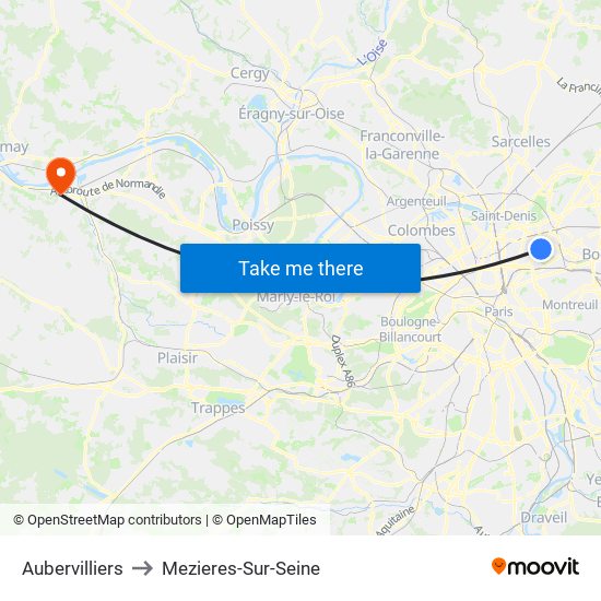 Aubervilliers to Mezieres-Sur-Seine map