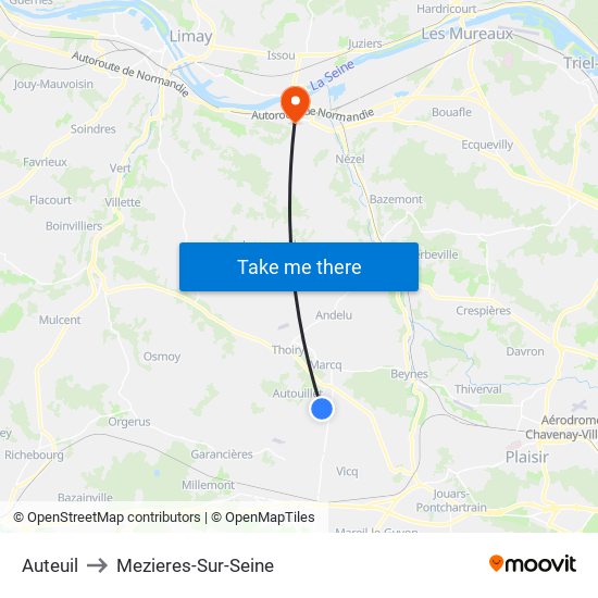 Auteuil to Mezieres-Sur-Seine map