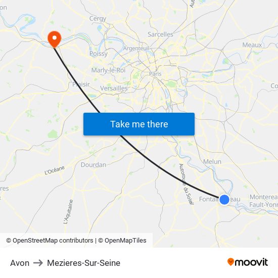 Avon to Mezieres-Sur-Seine map