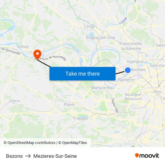 Bezons to Mezieres-Sur-Seine map