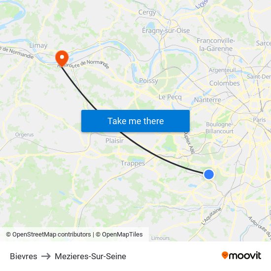 Bievres to Mezieres-Sur-Seine map