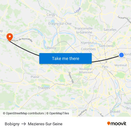 Bobigny to Mezieres-Sur-Seine map
