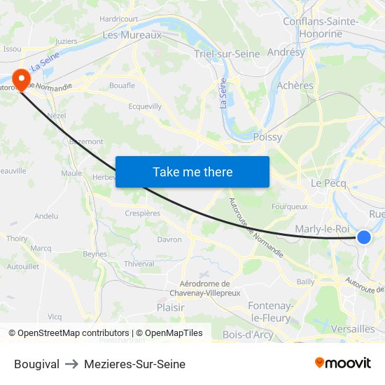 Bougival to Mezieres-Sur-Seine map