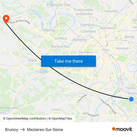 Brunoy to Mezieres-Sur-Seine map