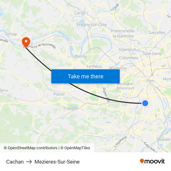 Cachan to Mezieres-Sur-Seine map