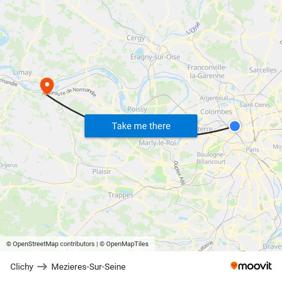 Clichy to Mezieres-Sur-Seine map