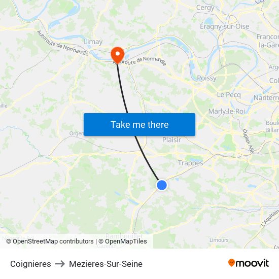 Coignieres to Mezieres-Sur-Seine map