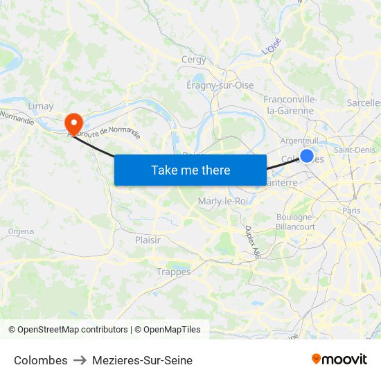 Colombes to Mezieres-Sur-Seine map
