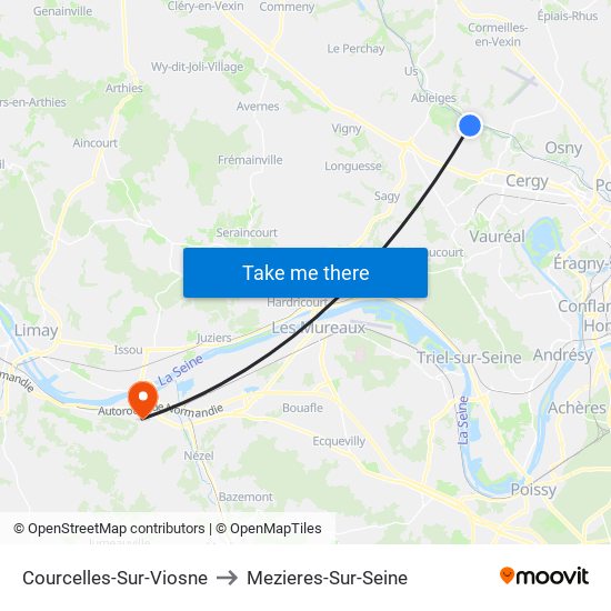 Courcelles-Sur-Viosne to Mezieres-Sur-Seine map