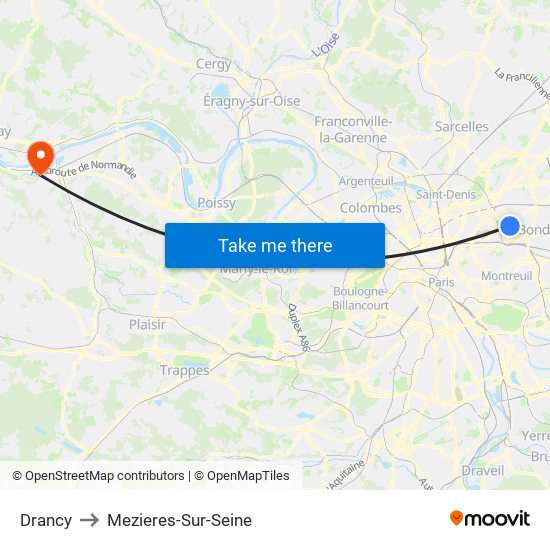 Drancy to Mezieres-Sur-Seine map