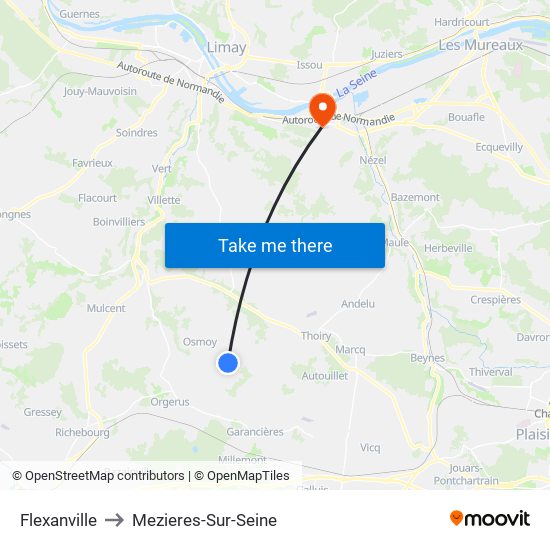 Flexanville to Mezieres-Sur-Seine map