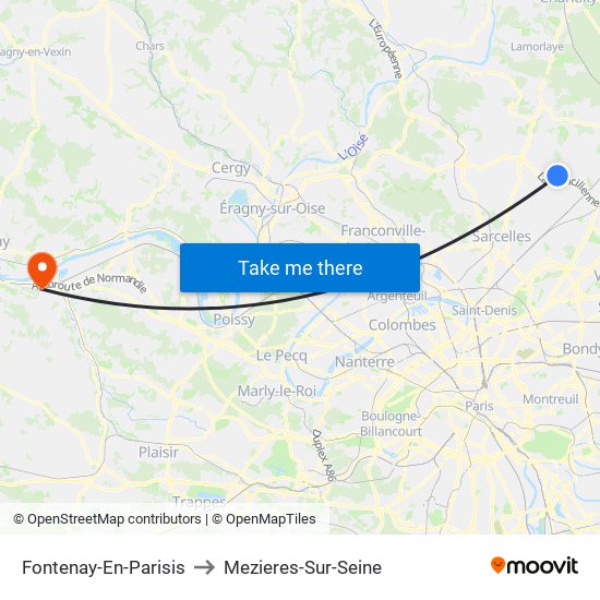 Fontenay-En-Parisis to Mezieres-Sur-Seine map