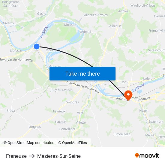 Freneuse to Mezieres-Sur-Seine map