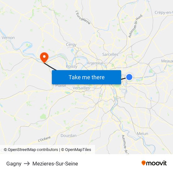 Gagny to Mezieres-Sur-Seine map