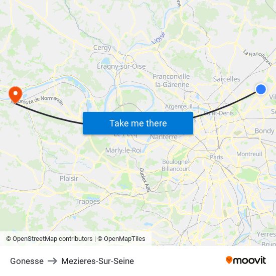 Gonesse to Mezieres-Sur-Seine map