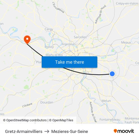 Gretz-Armainvilliers to Mezieres-Sur-Seine map