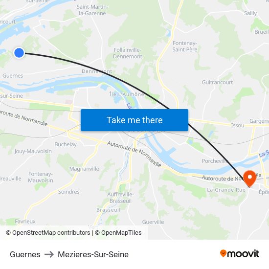 Guernes to Mezieres-Sur-Seine map