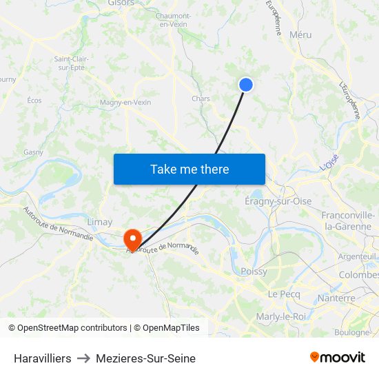 Haravilliers to Mezieres-Sur-Seine map