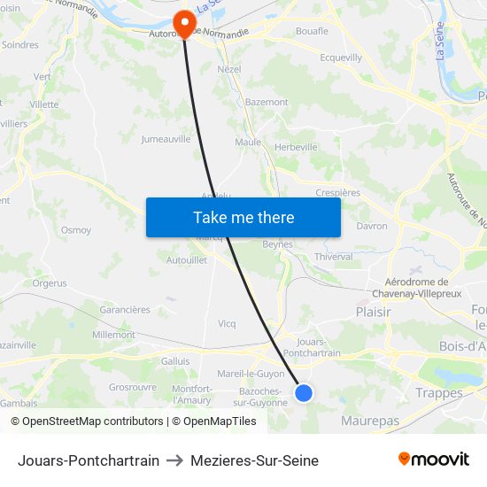 Jouars-Pontchartrain to Mezieres-Sur-Seine map