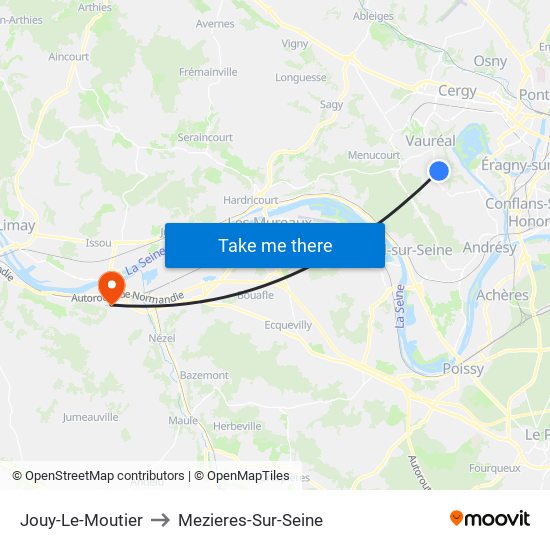 Jouy-Le-Moutier to Mezieres-Sur-Seine map