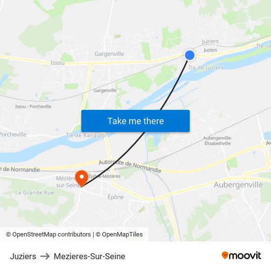 Juziers to Mezieres-Sur-Seine map