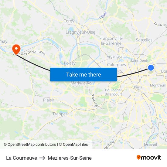 La Courneuve to Mezieres-Sur-Seine map