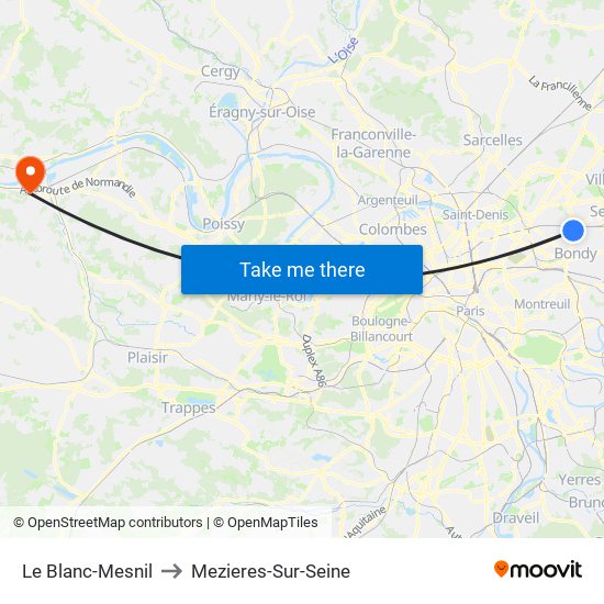 Le Blanc-Mesnil to Mezieres-Sur-Seine map