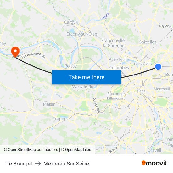 Le Bourget to Mezieres-Sur-Seine map