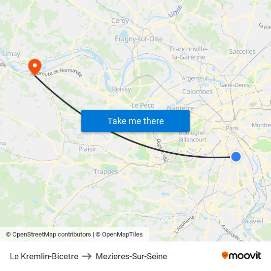 Le Kremlin-Bicetre to Mezieres-Sur-Seine map