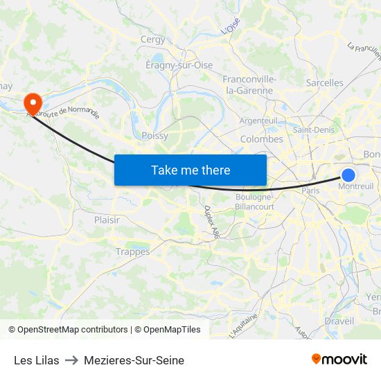 Les Lilas to Mezieres-Sur-Seine map