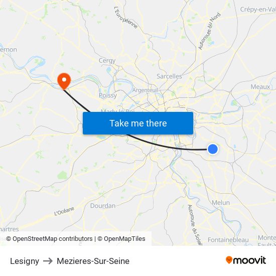Lesigny to Mezieres-Sur-Seine map