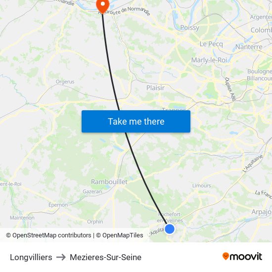Longvilliers to Mezieres-Sur-Seine map