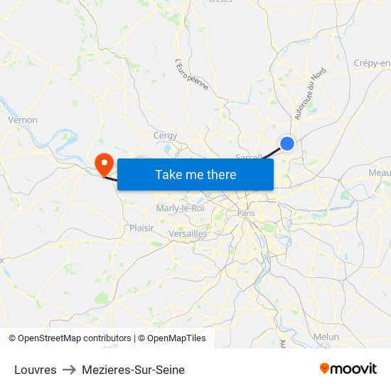 Louvres to Mezieres-Sur-Seine map