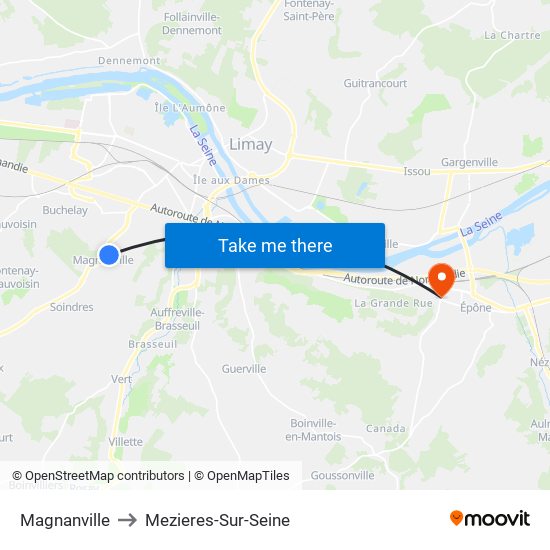 Magnanville to Mezieres-Sur-Seine map