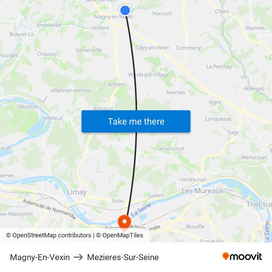 Magny-En-Vexin to Mezieres-Sur-Seine map