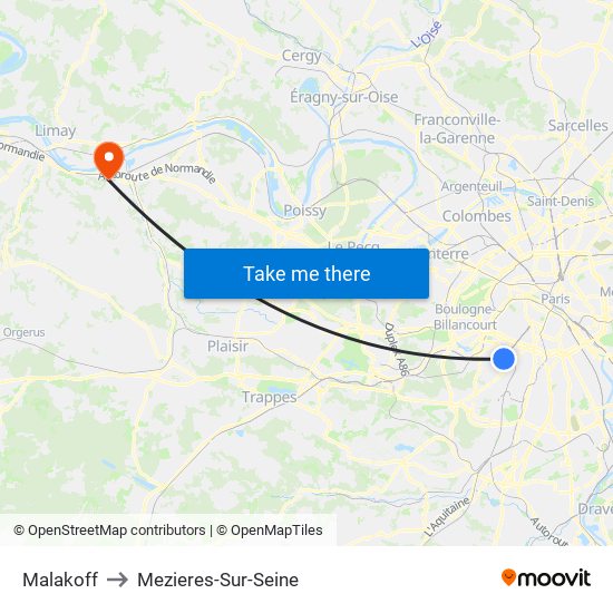 Malakoff to Mezieres-Sur-Seine map